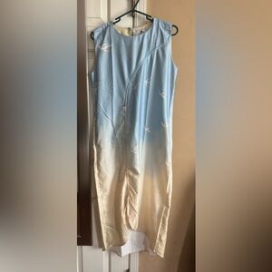 Plains & prints Sleeveless Ombre dress with Bird Print - Blue to Cream yellow